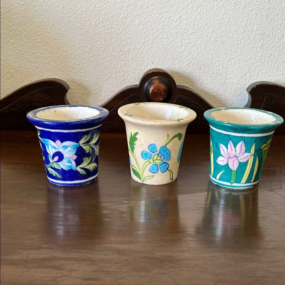 Hand-Painted Floral Ceramic Votive Trio - Blue, Cream, Teal